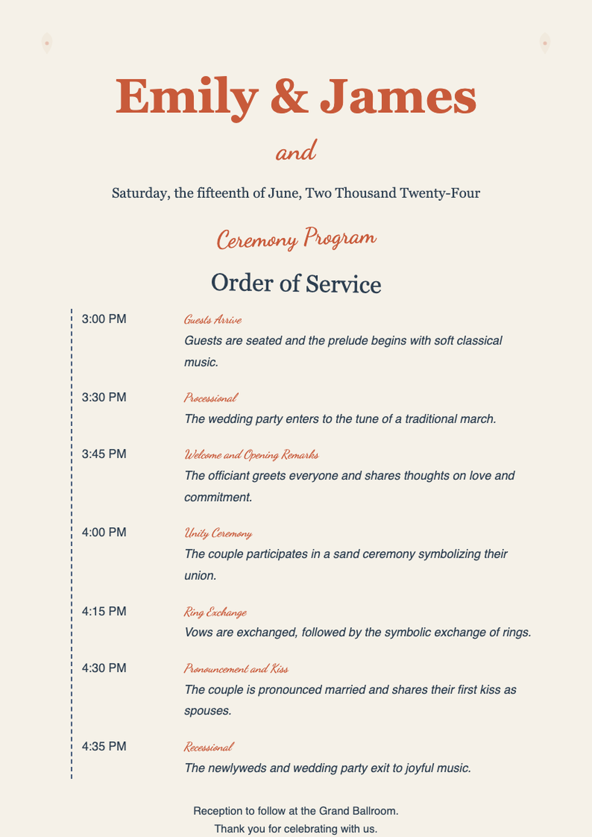 Elegant wedding reception program with floral accents and timeline_variant_2